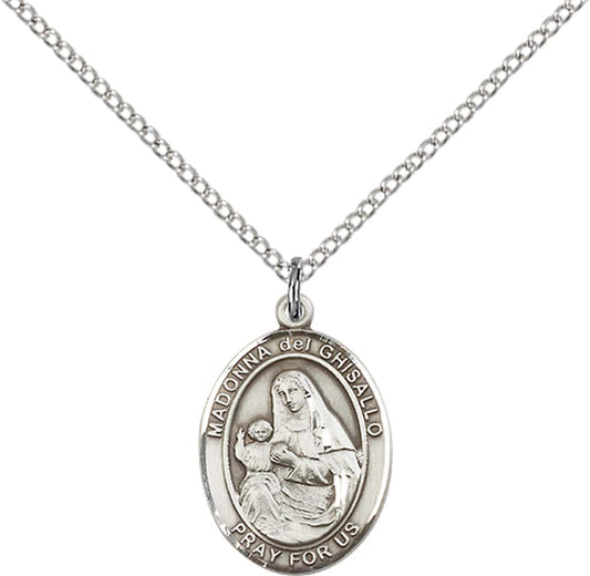 Sterling Silver St. Madonna Del Ghisallo Pendant with 18 inch Sterling Silver Light Curb Chain - Medium