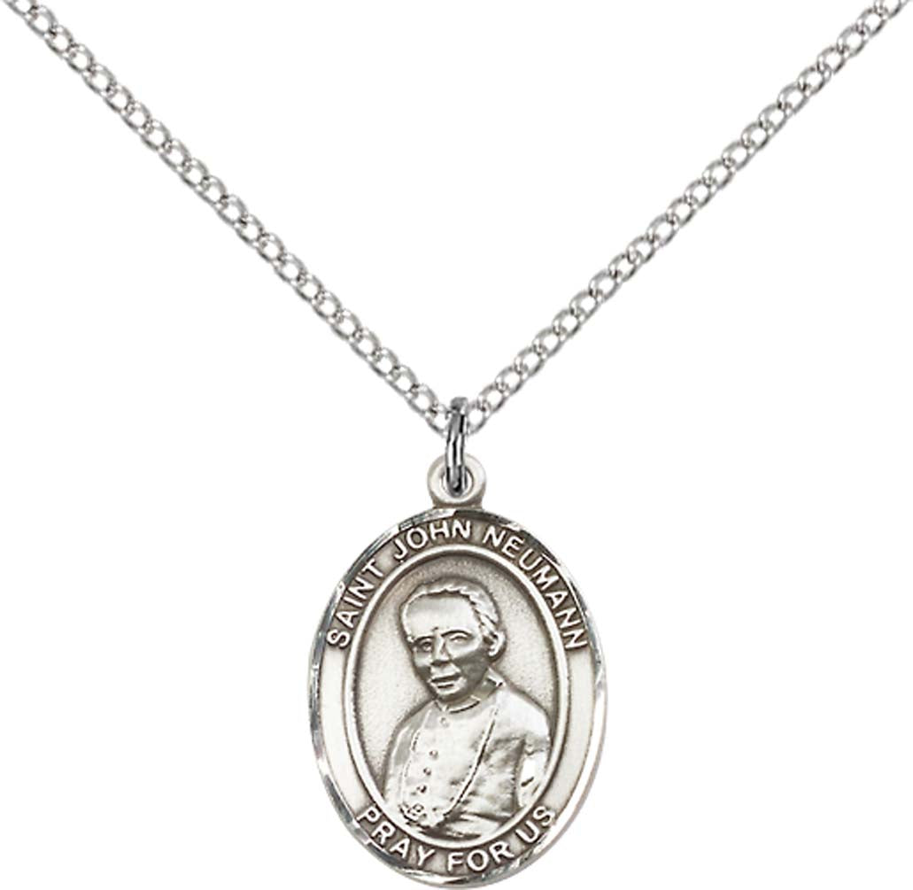 Sterling Silver St. John Neumann Pendant with 18 inch Sterling Silver Light Curb Chain - Medium