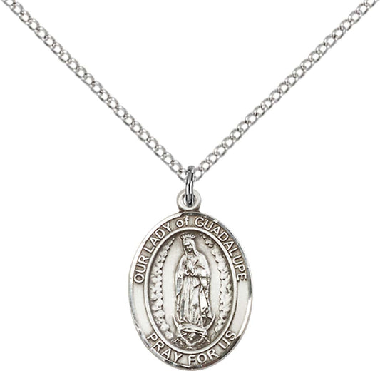 Sterling Silver O/L of Guadalupe Pendant with 18 inch Sterling Silver Light Curb Chain