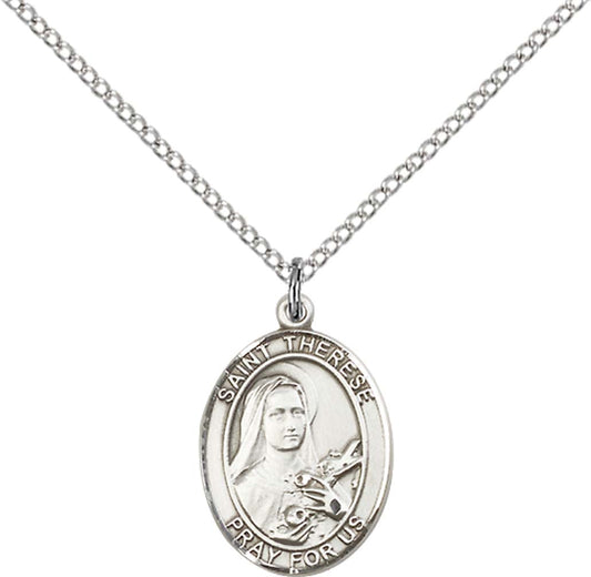 Sterling Silver St. Therese of Lisieux Pendant with 18 inch Sterling Silver Light Curb Chain - Medium