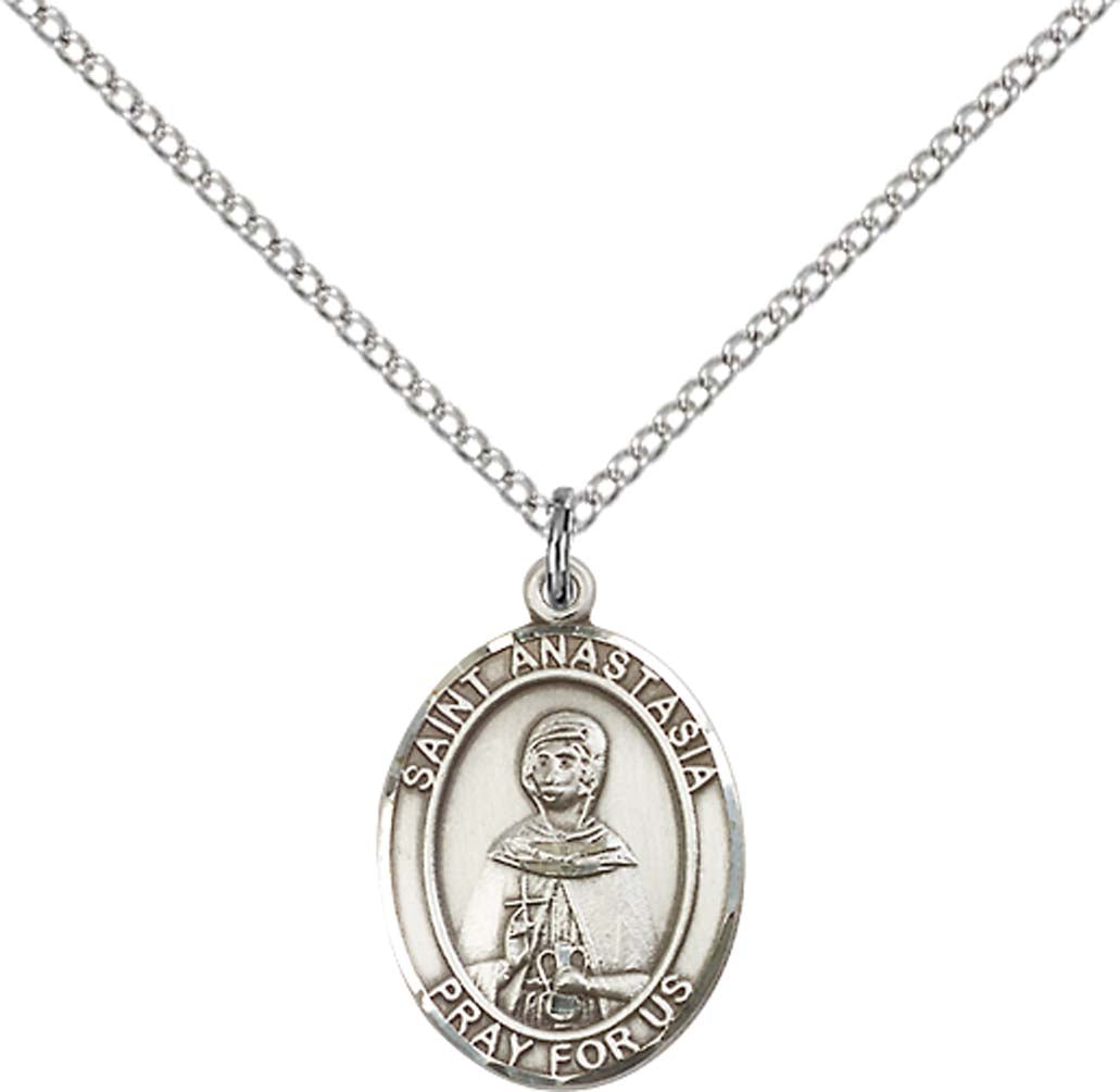 Sterling Silver St. Anastasia Pendant with 18 inch Sterling Silver Light Curb Chain - Medium