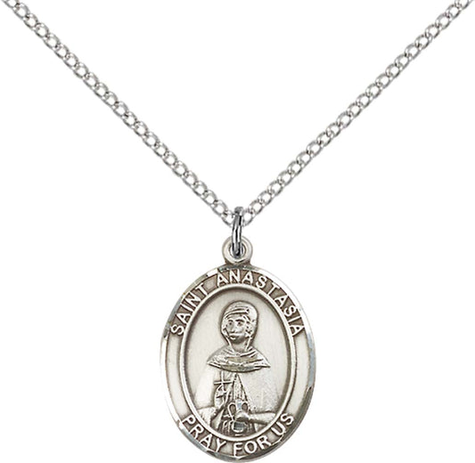 Sterling Silver St. Anastasia Pendant with 18 inch Sterling Silver Light Curb Chain - Medium
