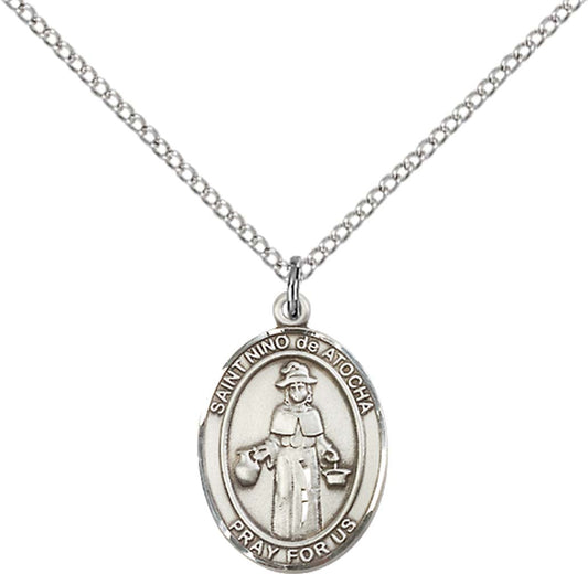 Sterling Silver St. Nino de Atocha Pendant with 18 inch Sterling Silver Light Curb Chain - Medium