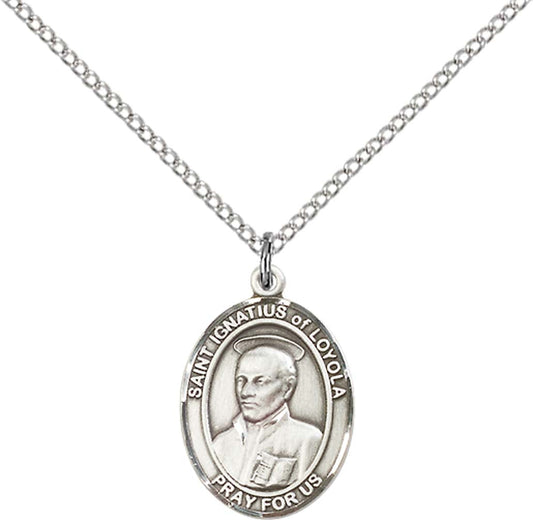 Sterling Silver St. Ignatius of Loyola Pendant with 18 inch Sterling Silver Light Curb Chain - Medium