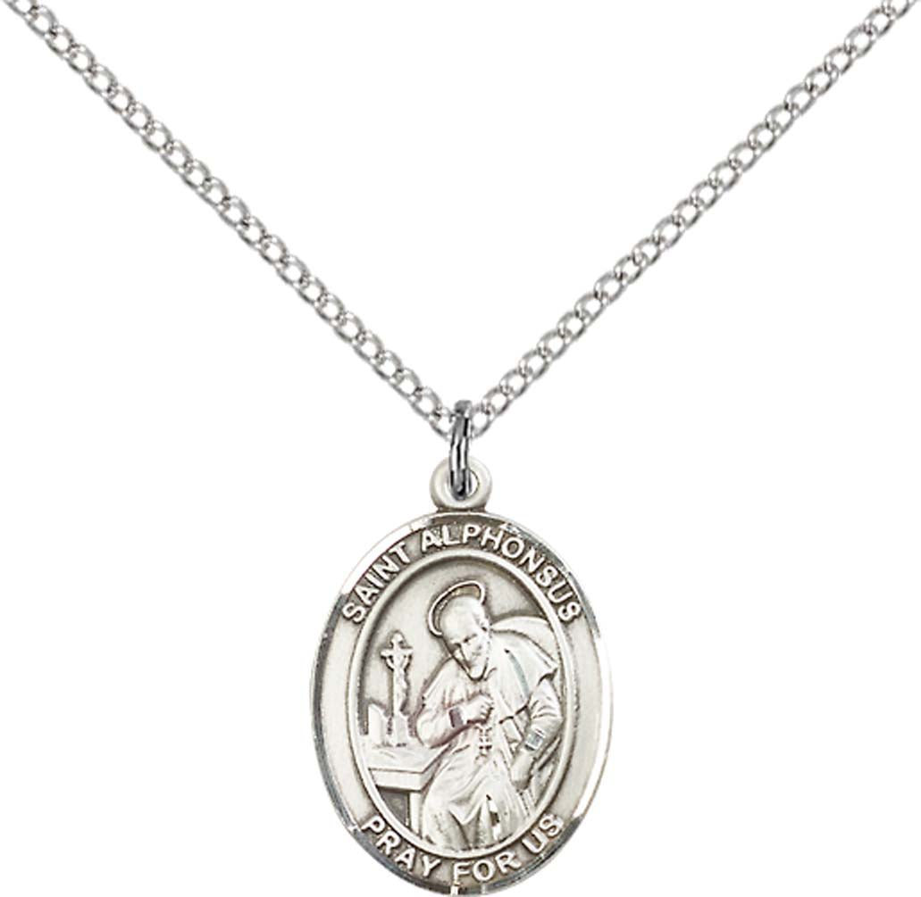 Sterling Silver St. Alphonsus Pendant with 18 inch Sterling Silver Light Curb Chain - Medium