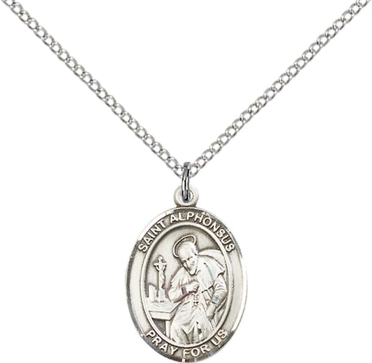 Sterling Silver St. Alphonsus Pendant with 18 inch Sterling Silver Light Curb Chain - Medium