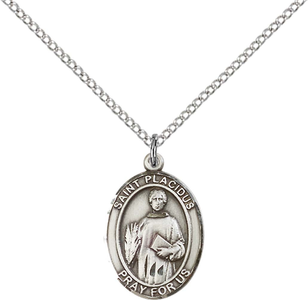 Sterling Silver St. Placidus Pendant with 18 inch Sterling Silver Light Curb Chain - Medium