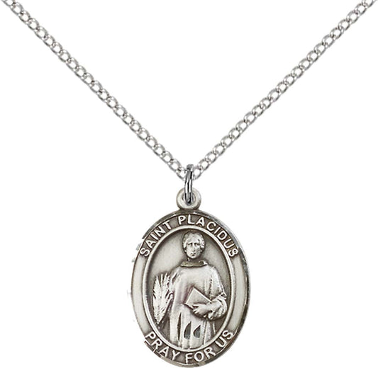 Sterling Silver St. Placidus Pendant with 18 inch Sterling Silver Light Curb Chain - Medium