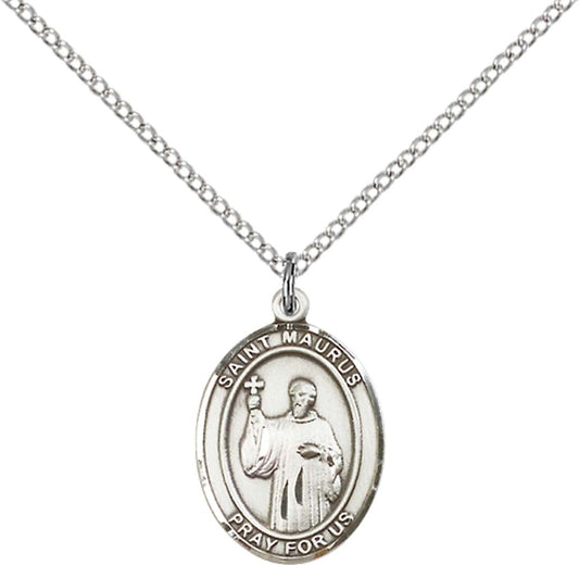 Sterling Silver St. Maurus Pendant with 18 inch Sterling Silver Light Curb Chain - Medium