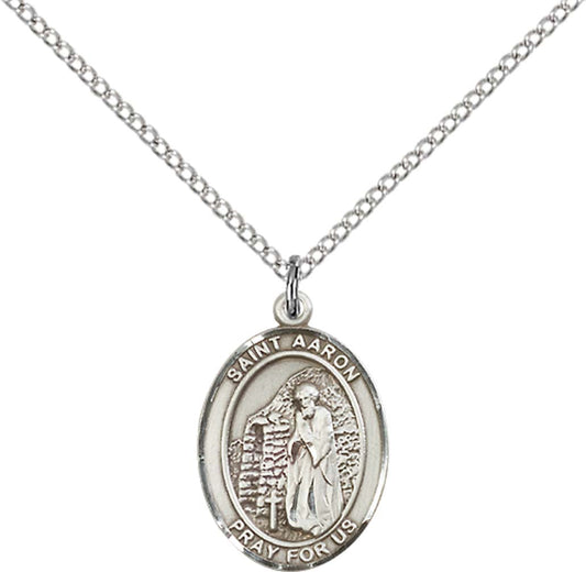 Sterling Silver St. Aaron Pendant with 18 inch Sterling Silver Light Curb Chain - Medium