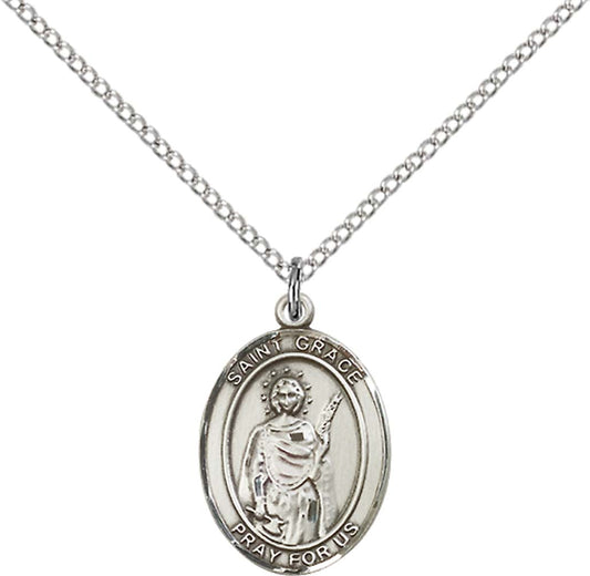 Sterling Silver St. Grace Pendant with 18 inch Sterling Silver Light Curb Chain - Medium