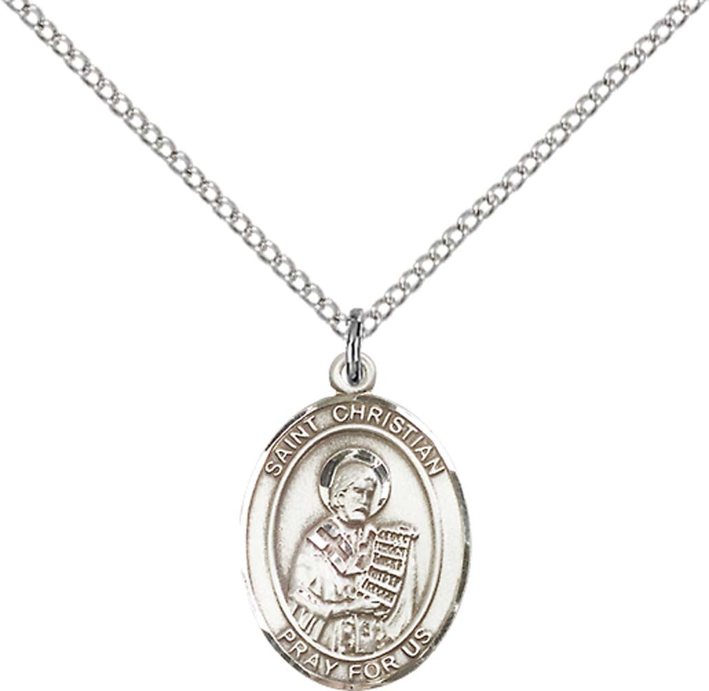 Sterling Silver St. Christian Demosthenes Pendant with 18 inch Sterling Silver Light Curb Chain - Medium