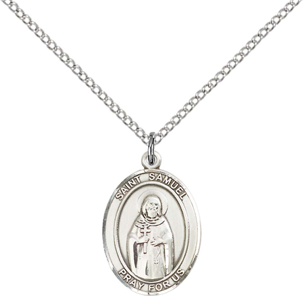 Sterling Silver St. Samuel Pendant with 18 inch Sterling Silver Light Curb Chain - Medium