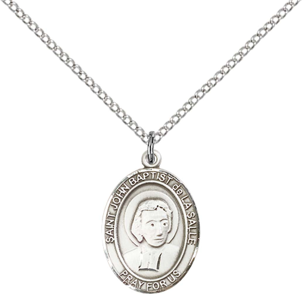 Sterling Silver St. John Baptist de La Salle Penda with 18 inch Sterling Silver Light Curb Chain - Medium