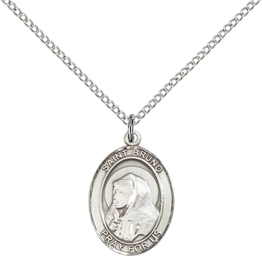 Sterling Silver St. Bruno Pendant with 18 inch Sterling Silver Light Curb Chain - Medium