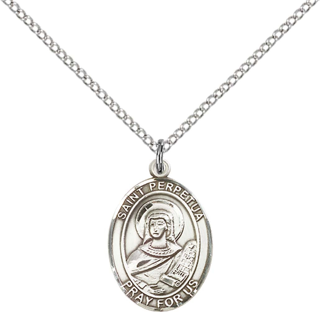 Sterling Silver St. Perpetua Pendant with 18 inch Sterling Silver Light Curb Chain - Medium