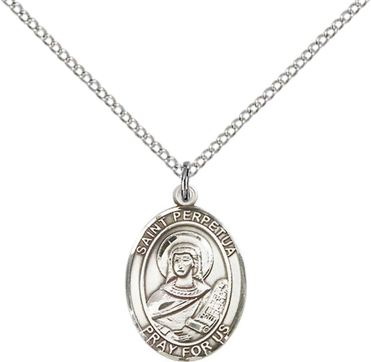 Sterling Silver St. Perpetua Pendant with 18 inch Sterling Silver Light Curb Chain - Medium