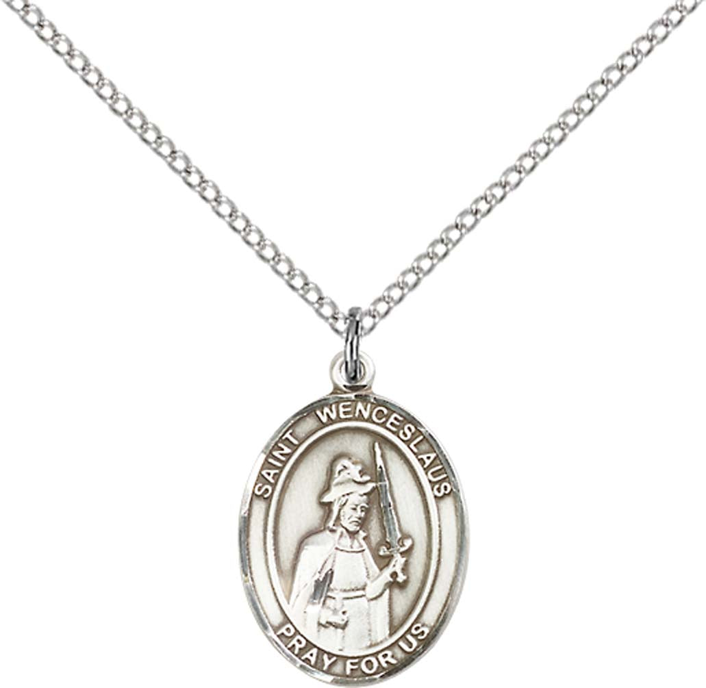 Sterling Silver St. Wenceslaus Pendant with 18 inch Sterling Silver Light Curb Chain - Medium