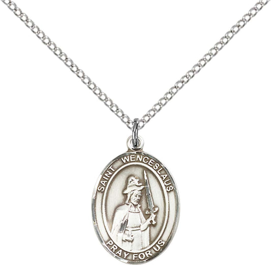Sterling Silver St. Wenceslaus Pendant with 18 inch Sterling Silver Light Curb Chain - Medium