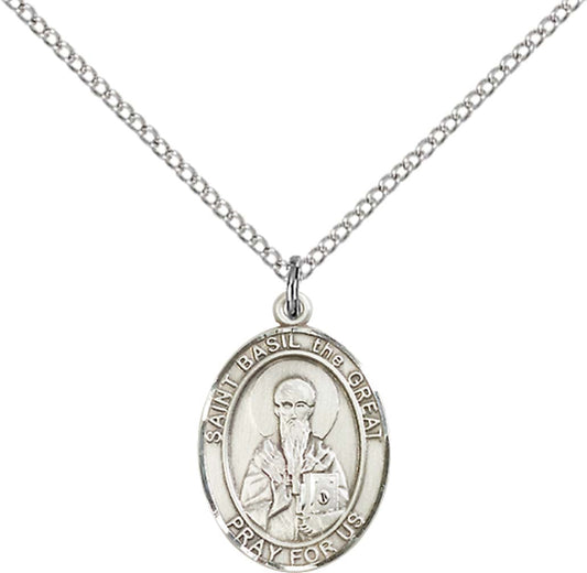 Sterling Silver St. Basil the Great Pendant with 18 inch Sterling Silver Light Curb Chain - Medium