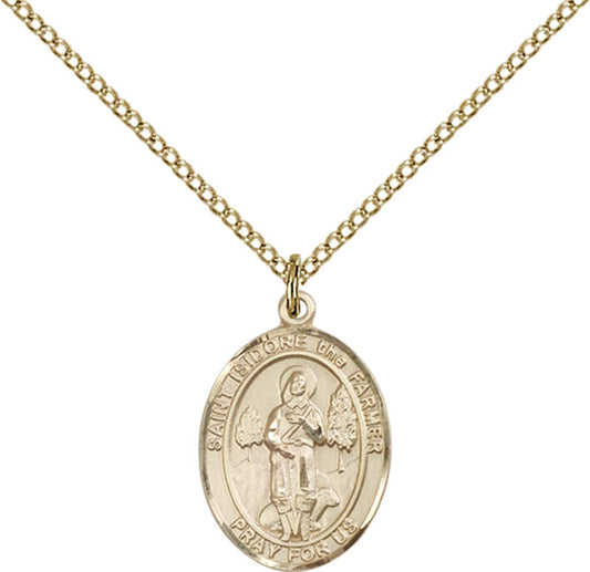 14kt Gold Filled St. Isidore the Farmer Pendant with 18 inch Gold Filled Light Curb Chain - Medium