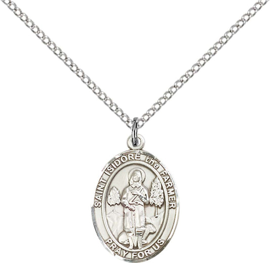 Sterling Silver St. Isidore the Farmer Pendant with 18 inch Sterling Silver Light Curb Chain - Medium