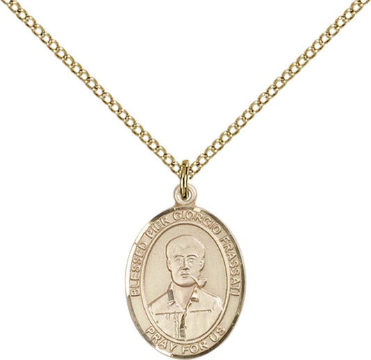 14kt Gold Filled Blessed Pier Giorgio Frassati Pendant with 18 inch Gold Filled Light Curb Chain - Medium