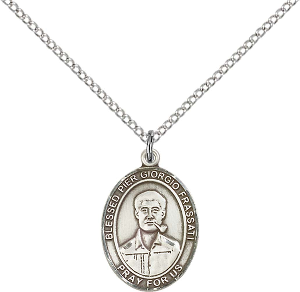 Sterling Silver Blessed Pier Giorgio Frassati Pend with 18 inch Sterling Silver Light Curb Chain - Medium
