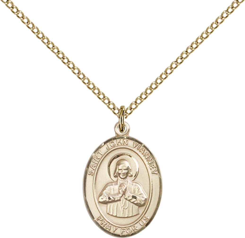 14kt Gold Filled St. John Vianney Pendant with 18 inch Gold Filled Light Curb Chain - Medium