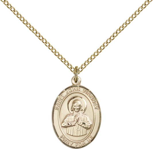 14kt Gold Filled St. John Vianney Pendant with 18 inch Gold Filled Light Curb Chain - Medium