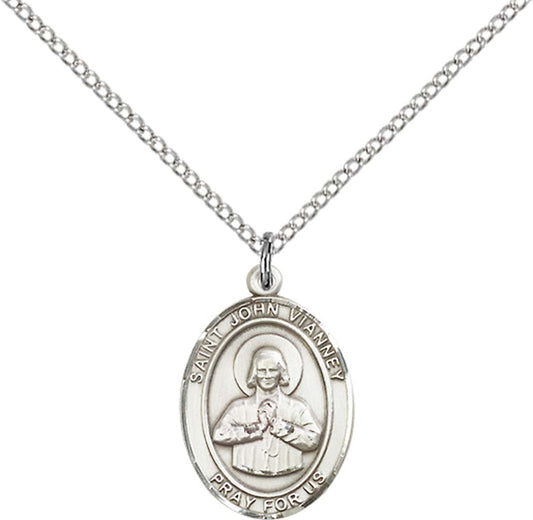 Sterling Silver St. John Vianney Pendant with 18 inch Sterling Silver Light Curb Chain - Medium