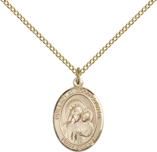 14kt Gold Filled O/L of Good Counsel Pendant with 18 inch Gold Filled Light Curb Chain - Medium