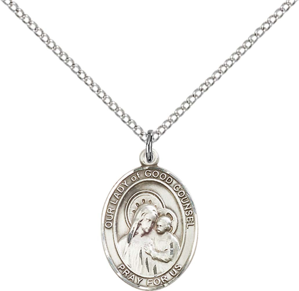 Sterling Silver O/L of Good Counsel Pendant with 18 inch Sterling Silver Light Curb Chain - Medium