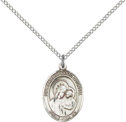 Sterling Silver O/L of Good Counsel Pendant with 18 inch Sterling Silver Light Curb Chain - Medium