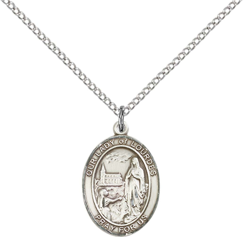 Sterling Silver O/L of Lourdes Pendant with 18 inch Sterling Silver Light Curb Chain - Medium
