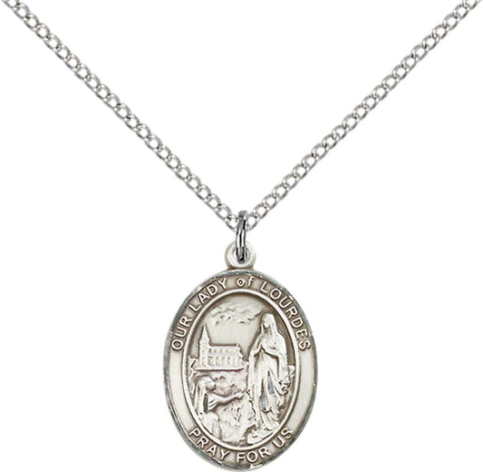 Sterling Silver O/L of Lourdes Pendant with 18 inch Sterling Silver Light Curb Chain - Medium