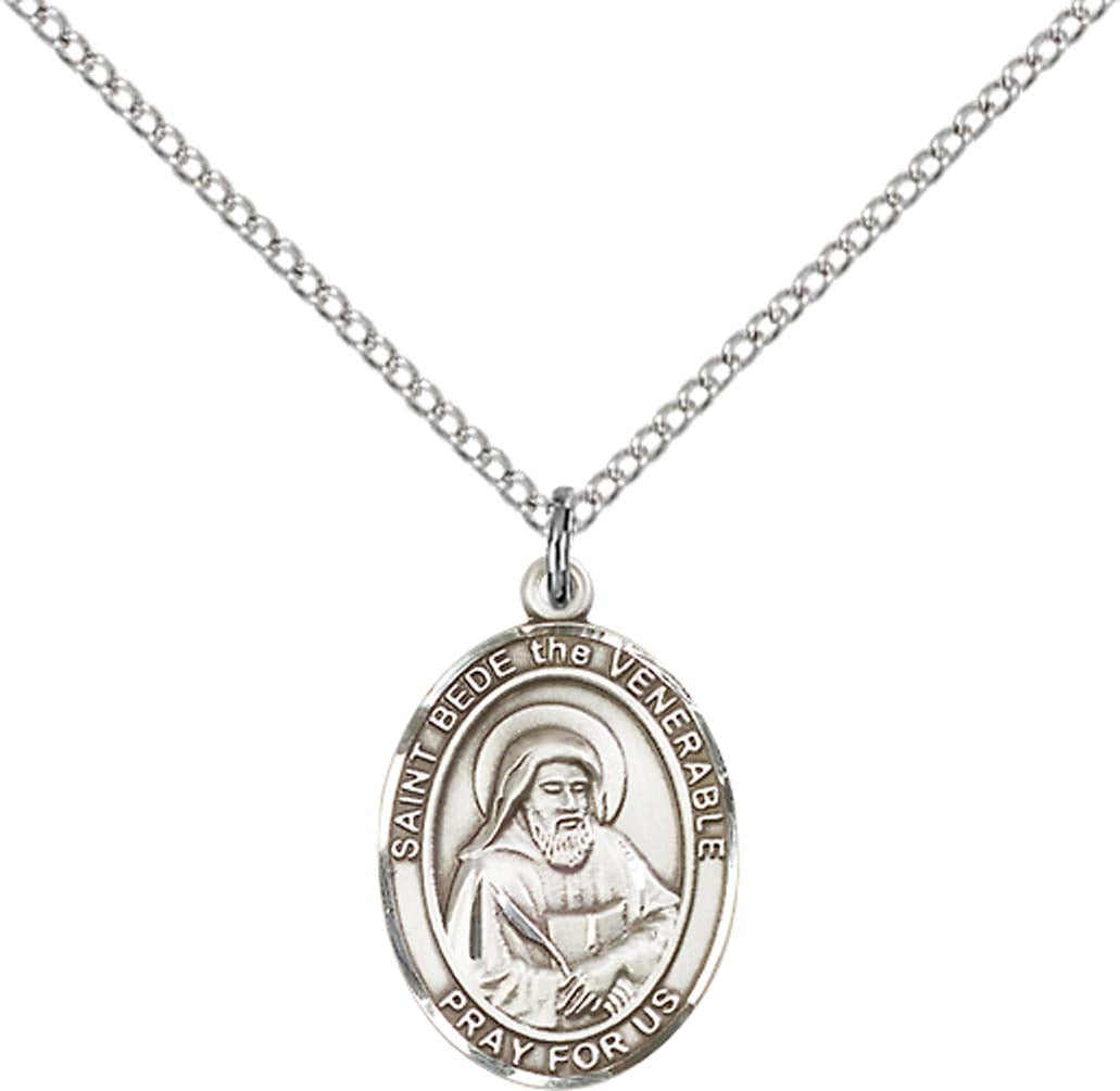 Sterling Silver St. Bede the Venerable Pendant with 18 inch Sterling Silver Light Curb Chain - Medium