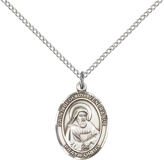 Sterling Silver St. Bede the Venerable Pendant with 18 inch Sterling Silver Light Curb Chain - Medium