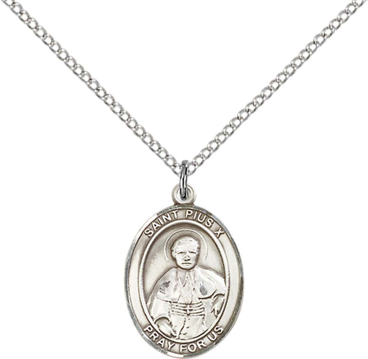 Sterling Silver St. Pius X Pendant with 18 inch Sterling Silver Light Curb Chain - Medium