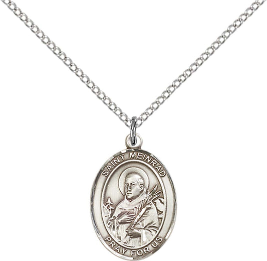 Sterling Silver St. Meinrad of Einsideln Pendant with 18 inch Sterling Silver Light Curb Chain - Medium