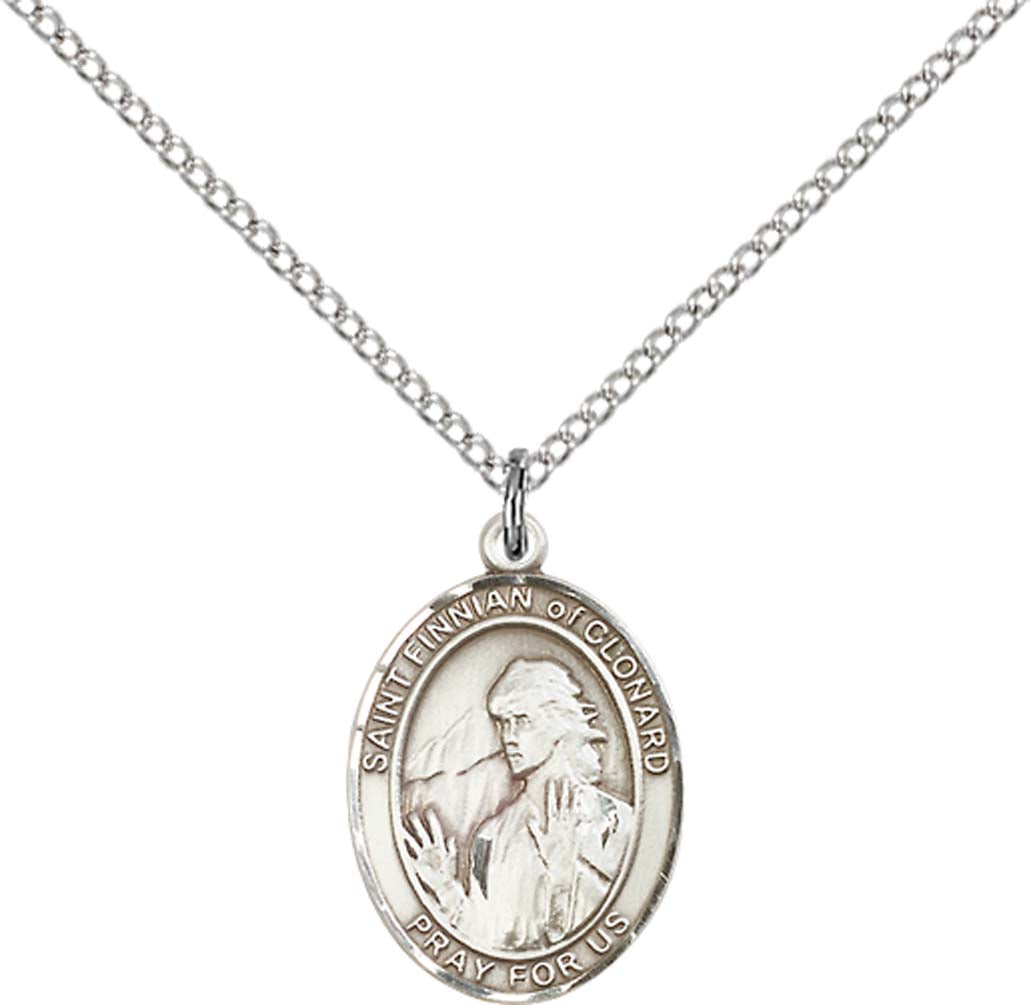 Sterling Silver St. Finnian of Clonard Pendant with 18 inch Sterling Silver Light Curb Chain - Medium