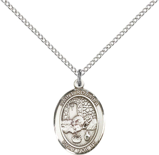 Sterling Silver St. Rosalia Pendant with 18 inch Sterling Silver Light Curb Chain - Medium