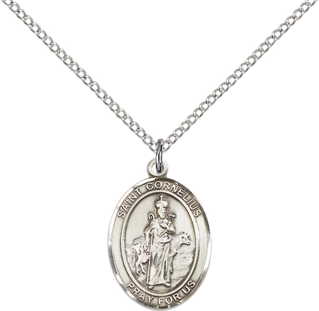 Sterling Silver St. Cornelius Pendant with 18 inch Sterling Silver Light Curb Chain - Medium