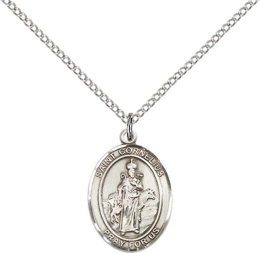 Sterling Silver St. Cornelius Pendant with 18 inch Sterling Silver Light Curb Chain - Medium
