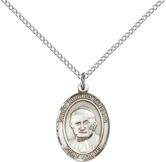 Sterling Silver St. Arnold Janssen Pendant with 18 inch Sterling Silver Light Curb Chain