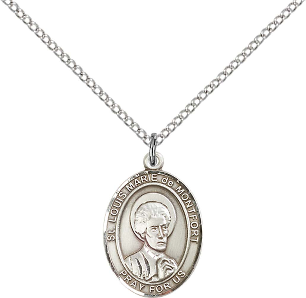 Sterling Silver St. Louis Marie De Montfort Pendan with 18 inch Sterling Silver Light Curb Chain - Medium