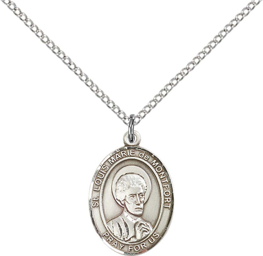 Sterling Silver St. Louis Marie De Montfort Pendan with 18 inch Sterling Silver Light Curb Chain - Medium