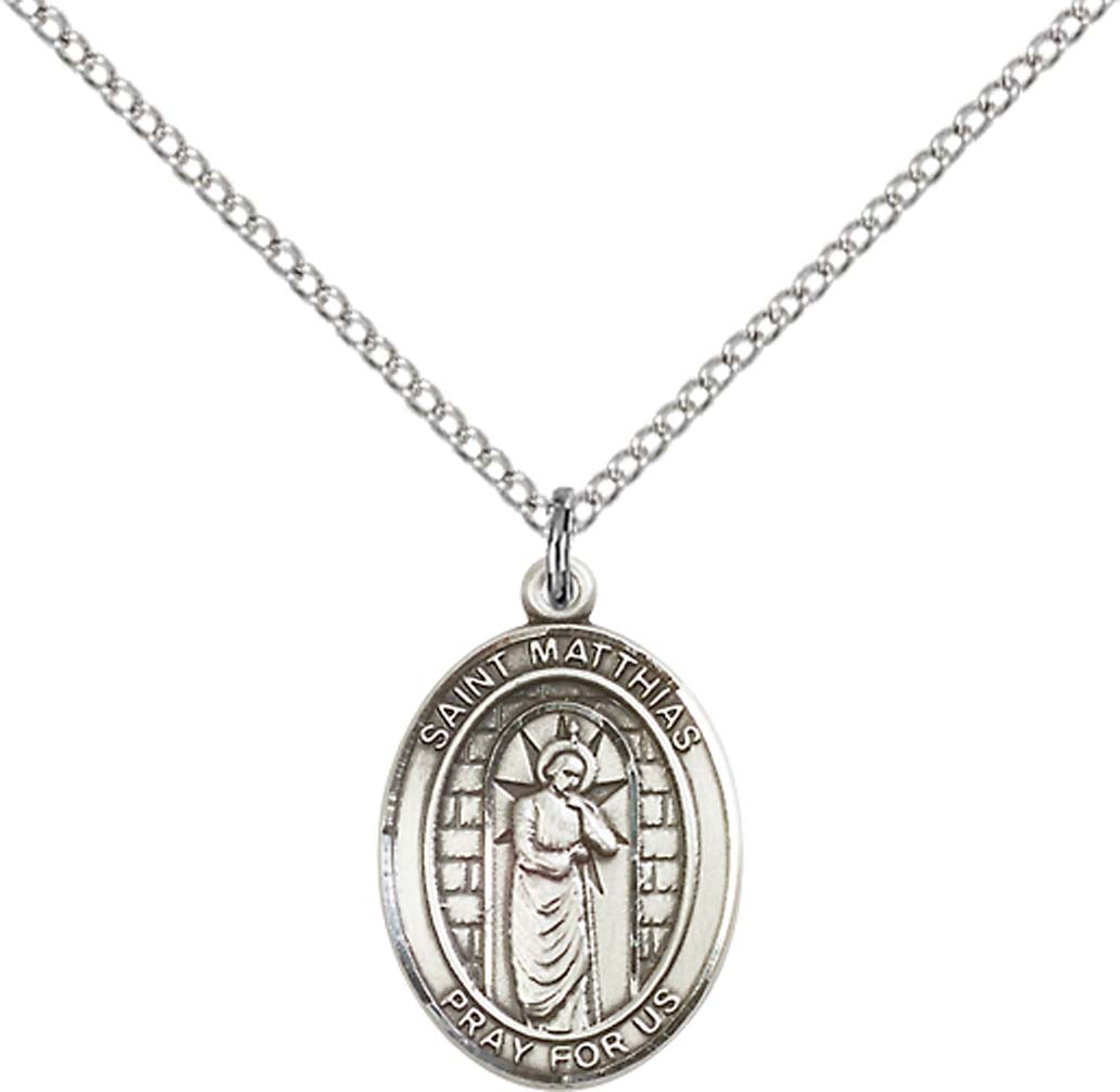 Sterling Silver St. Matthias the Apostle Pendant with 18 inch Sterling Silver Light Curb Chain - Medium