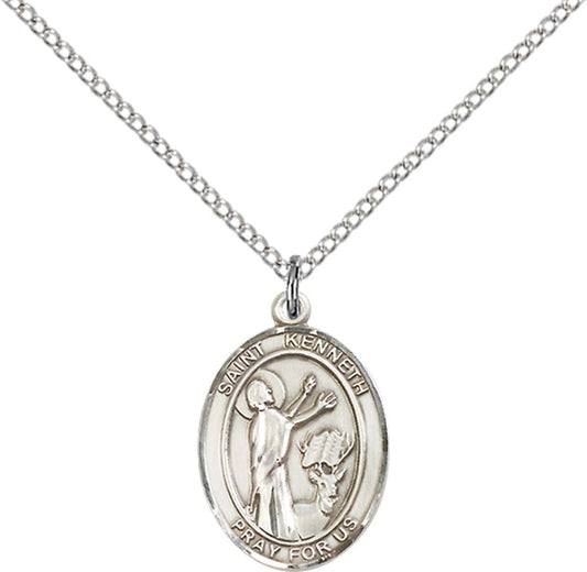 Sterling Silver St. Kenneth Pendant with 18 inch Sterling Silver Light Curb Chain - Medium