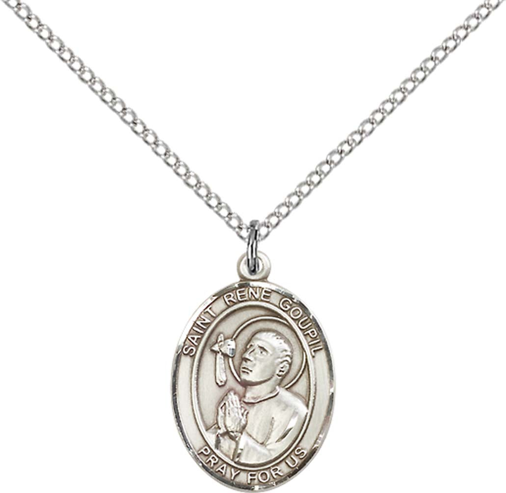 Sterling Silver St. Rene Goupil Pendant with 18 inch Sterling Silver Light Curb Chain - Medium
